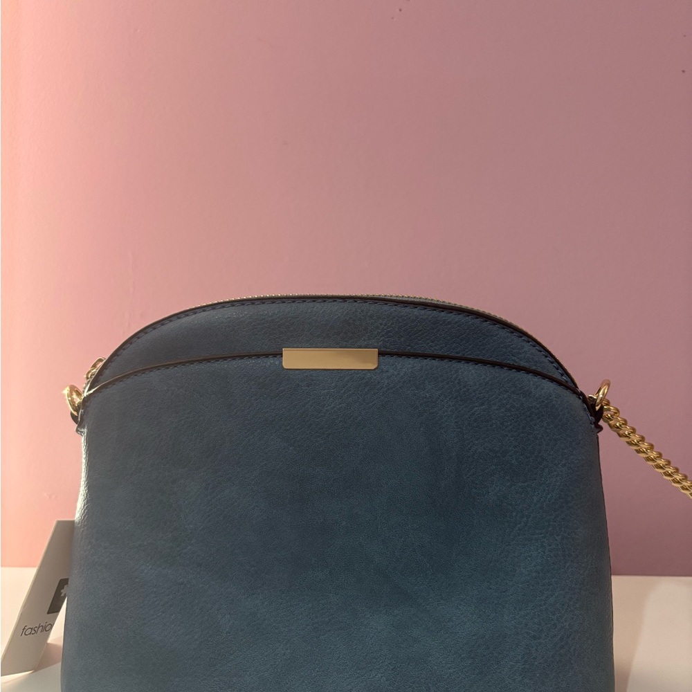 Chic Blue Crossbody Bag with Gold Chain
